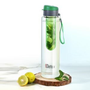 CELLO Detox Fruit & Tea Infuser Glass Water Bottle| Wide Cap Sealed With Flip Top | Leak Proof & Durable | Ideal for Gym, Office, Travel | 750ml, Green