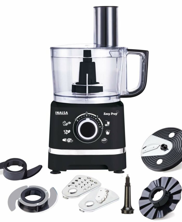 INALSA Food Processor for Kitchen with 800 W Copper Motor|1.4 L Main Bowl Capacity |2 Speed Setting with Pulse Function|7 Accessories| chopping| kneading| shredding|Child Lock Safety (Black)-Easy Prep