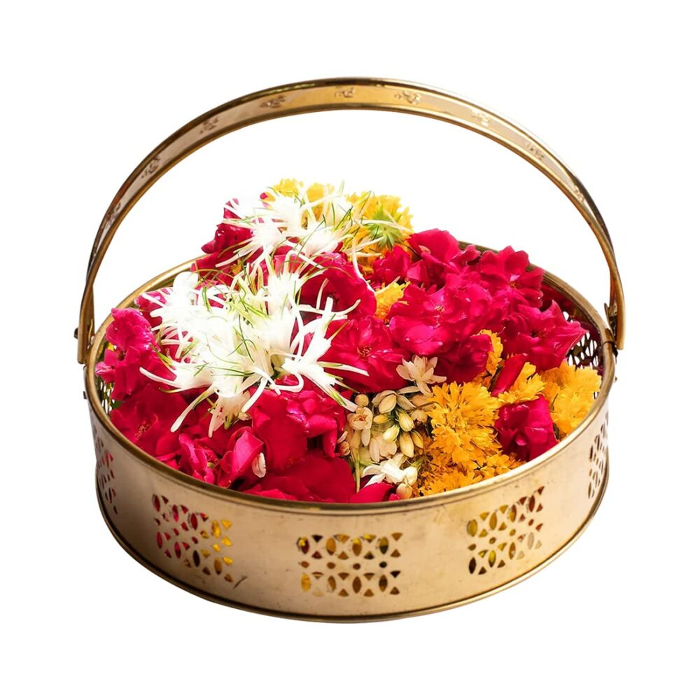 Brass Flower Basket for Pooja / Worship (Flower Basket Round v2),Gold