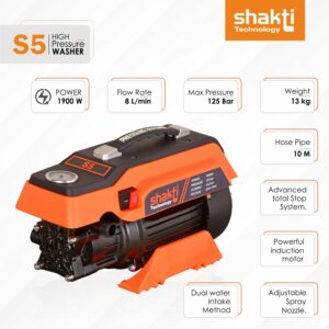 Shakti Technology S5 High Pressure Car Washer Machine 1900 Watts, Pressure 125 Bar, 8L/Min Flow Rate and 10 Meter Hose Pipe with Professional 1L Foam Cannon Snow Lance