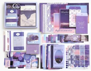 YIFELY Paper Vintage Aesthetic Scrapbook Kit(346Pcs)Scrapbooking Supplies Kit With Bullet Junk Journal,Stationery,A6 Grid Notebook With Graph Ruled Page Diy Journaling Gift For Teen Girl Women,Purple