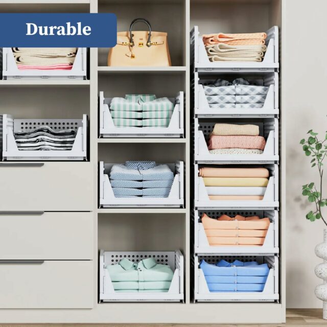 Set of 4, Stack it Up | Large Cloth Stacker | Foldable Shirt Storage Stacker for Wardrobe | Plastic Stackable Closet Organizer | White | 34L x 44W x 19H Centimeters