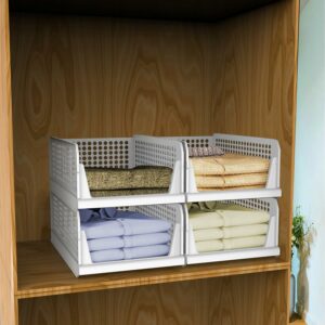 Set of 4, Stack it Up | Large Cloth Stacker | Foldable Shirt Storage Stacker for Wardrobe | Plastic Stackable Closet Organizer | White | 34L x 44W x 19H Centimeters