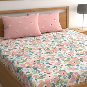 LOOMLYFE 300 TC Microfiber XXL Soft Cotton Super King Size Bedsheet for Double Bed, King Size 108 Inches X 108 Inches, 9 Feet, 275 X 275 cm with 2 Large Size Pillow Covers - PinkFlowers