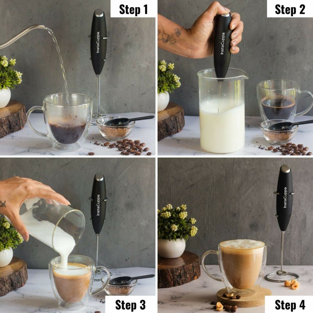 Milk Frother for Coffee, Handheld Battery-Operated Froth Coffee Beater, Electric Portable Foam Maker for Cappuccino, Automatic Hand Stirrer with Stainless Steel Egg Whisker and Stand