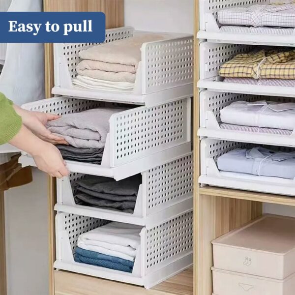 Set of 4, Stack it Up | Large Cloth Stacker | Foldable Shirt Storage Stacker for Wardrobe | Plastic Stackable Closet Organizer | White | 34L x 44W x 19H Centimeters - Image 4