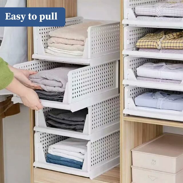 Set of 4, Stack it Up | Large Cloth Stacker | Foldable Shirt Storage Stacker for Wardrobe | Plastic Stackable Closet Organizer | White | 34L x 44W x 19H Centimeters