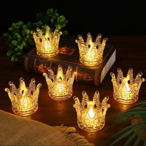 VERVENIX 6 Pcs Set Crown Shaped Flameless LED Tea Light Candles - Smokeless Decorative Transparent Acrylic Lights for Christmas and Festive Diwali Decorations (Pack of 6, Warm White)