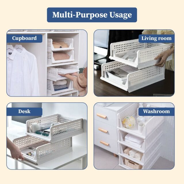Set of 4, Stack it Up | Large Cloth Stacker | Foldable Shirt Storage Stacker for Wardrobe | Plastic Stackable Closet Organizer | White | 34L x 44W x 19H Centimeters