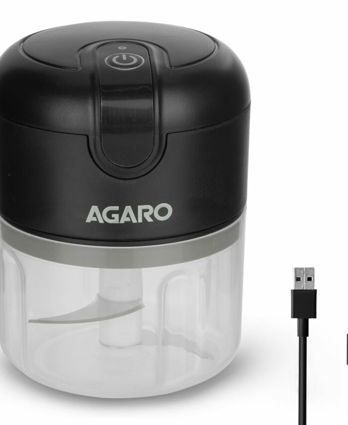 AGARO Elite Rechargeable Mini Electric Chopper, Food Grade Bowl, Stainless Steel Blades, One Touch Operation, for Mincing Garlic, Ginger, Onion, Vegetable, Meat, Nuts, 250 Ml, Black.
