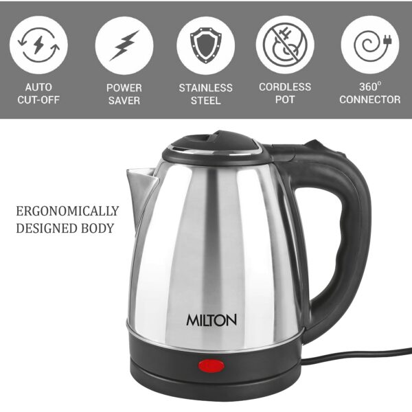 Milton Euroline Go Electro 1 2 Stainless Steel Electric Kettle, (1 Piece), 1 2 Litres, Silver | Power Indicator | 1500 Watts | Auto Cut-off | Detachable 360 Degree Connector | Boiler for Water