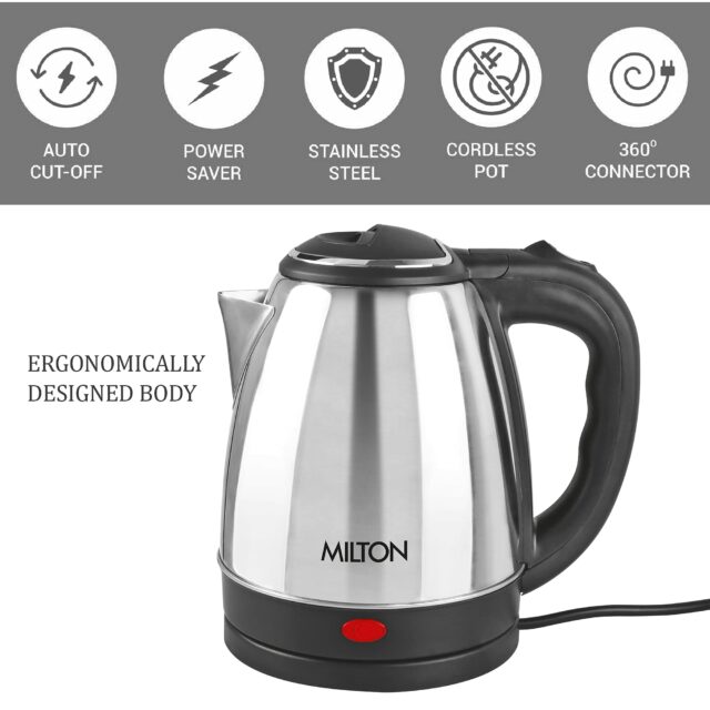 Milton Euroline Go Electro 1 2 Stainless Steel Electric Kettle, (1 Piece), 1 2 Litres, Silver | Power Indicator | 1500 Watts | Auto Cut-off | Detachable 360 Degree Connector | Boiler for Water