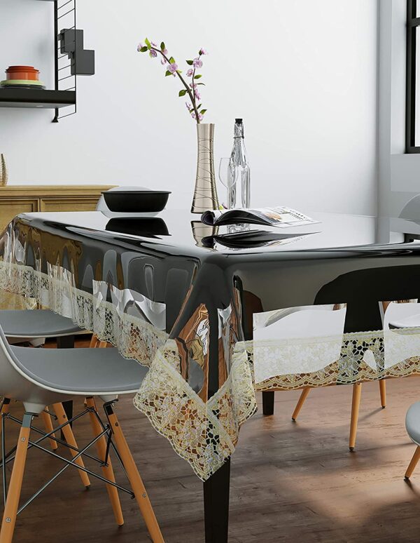 Homerz Premium High Thickness Transparent Table Cover with Lace, 15 mm Thick, Durable and Waterproof, 2 Years Guarantee (Golden Lace, 60x90 inch- 6-8 Seater)