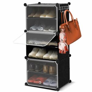 ABOUT SPACE Shoe Rack for Home with Door - 12 Pair DIY Slipper Stand with Hanger, 3 Cube Expandable Shelves Closed Shoes Rack for Home Men, Women Heels Boots Flip-Flops (Black - L 40 x B 30 x H 90 cm)