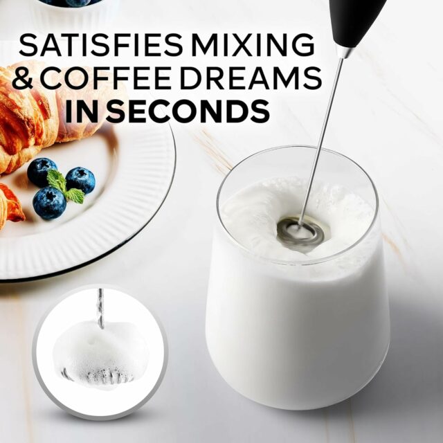 Handheld Milk Frother with Stand, Battery-Operated Electric Drink Mixer for Coffee, Cappuccino, Latte, Matcha, and Hot Chocolate (Premium Black Double Whisk)