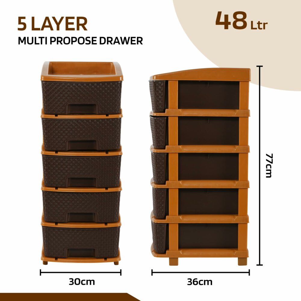 Kuber Industries Plastic 5 Tier Multipurpose Modular Drawer Storage Rack | Kitchen & Home Essentials Organizer Storage Box Cabinet | Almira Set for Stationary, Kitchen, Cosmetic | Chocolate Brown - Image 2