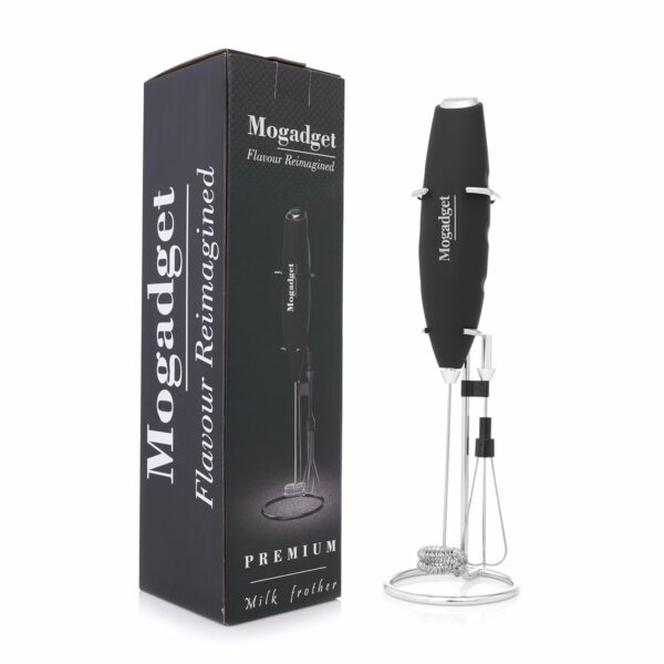 Handheld Milk Frother with Stand, Battery-Operated Electric Drink Mixer for Coffee, Cappuccino, Latte, Matcha, and Hot Chocolate (Premium Black Double Whisk)