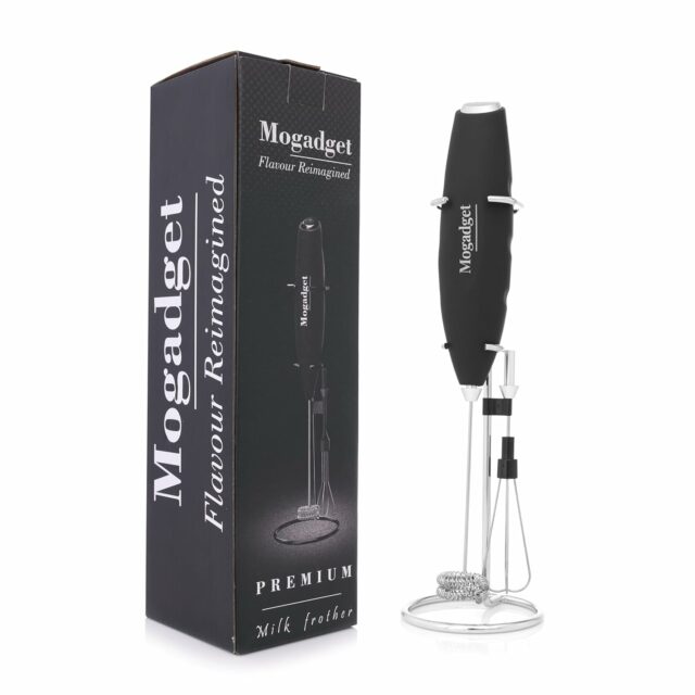 Handheld Milk Frother with Stand, Battery-Operated Electric Drink Mixer for Coffee, Cappuccino, Latte, Matcha, and Hot Chocolate (Premium Black Double Whisk)