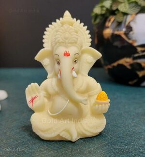Ganesha for Car Dashboard Ganesh Statue Murti Ivory Finish Lord Ganpati Diwali Gifts Home Decor Figurine (Size: 3.5 x 2 inches) Ceramic