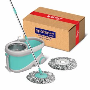 Spotzero by Milton Prime Stainless Steel Wringer Spin Mop with Big Wheel, Puller Handle, Bucket Floor Cleaning and Mopping System 360? Flexible,2 Microfiber Refills, Big Size, Aqua Green
