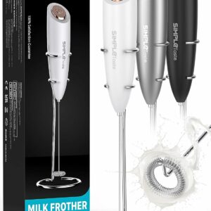 Electric Milk Frother with Stand, One Touch Handheld Whisk Batteries Powered Cappuccino Coffee Frother White, 1 Year Warranty