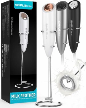 Electric Milk Frother with Stand, One Touch Handheld Whisk Batteries Powered Cappuccino Coffee Frother White, 1 Year Warranty