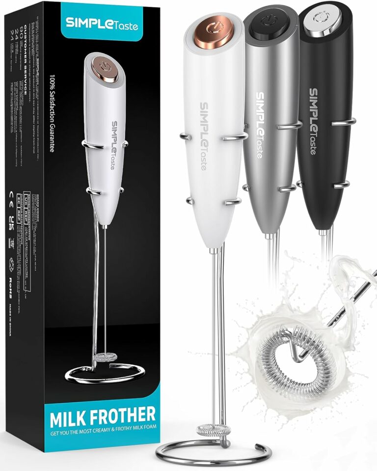 Electric Milk Frother with Stand, One Touch Handheld Whisk Batteries Powered Cappuccino Coffee Frother White, 1 Year Warranty