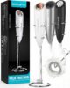 Electric Milk Frother with Stand, One Touch Handheld Whisk Batteries Powered Cappuccino Coffee Frother White, 1 Year Warranty