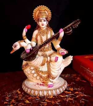 Efinito, 20cm Goddess Saraswati Idol, Saraswati Maa Statue on Swan, Big Saraswati Murti for Pooja School Office, Hindu Goddess of Knowledge Showpiece