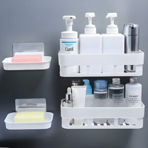 HOUSE OF VIPA Bathroom Shelf for Wall, Self-Adhesive Bathroom Organiser with Towel Holder, Ideal Bathroom Accessories for Efficient Space Utilisation (2 Bathroom Shelves+ 2 shop dish (White), 4 PACK)