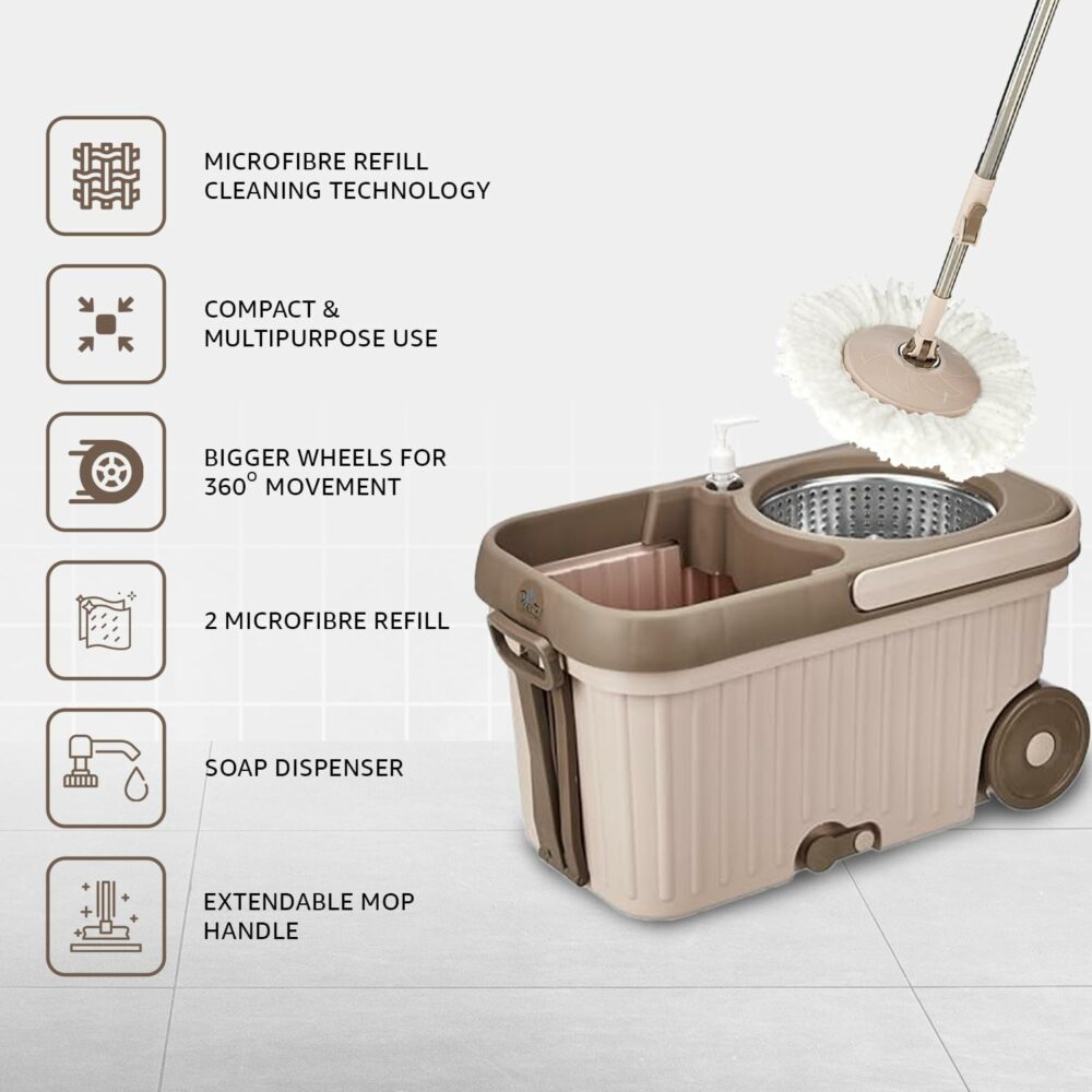 Amazon Brand - Presto! Elite Spin Mop with Steel Wringer and Auto-fold Handle, Chestnut, 2 Refills - Image 2