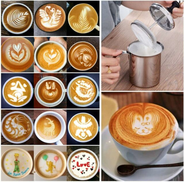 Stainless Steel Milk Frother Coffee Frother Blender-Manual Coffee Beater for Cappuccino-Foam Maker for Hot and Cold Coffee Milk with Double Froth Pump, Handle and Lid, Multicolor