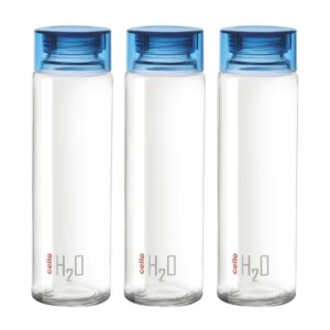 CELLO H2O Glass Fridge Water Bottle with Plastic Cap | Leak proof & break-proof | Wide mouth & Easy to Clean | Best Usage for Office/School/College | Set of 3, 920ml | Blue