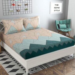 THE HOME STYLE Cotton Feel Glace Cotton Elastic Fitted Printed King Size Double Bed Bedsheet with 2 Pillow Cover(72"x78", Pastel Green) , 300 - 350 threadcount