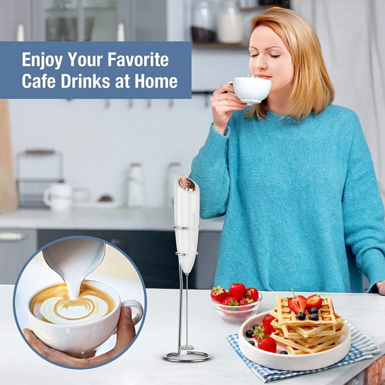 Electric Milk Frother with Stand, One Touch Handheld Whisk Batteries Powered Cappuccino Coffee Frother White, 1 Year Warranty