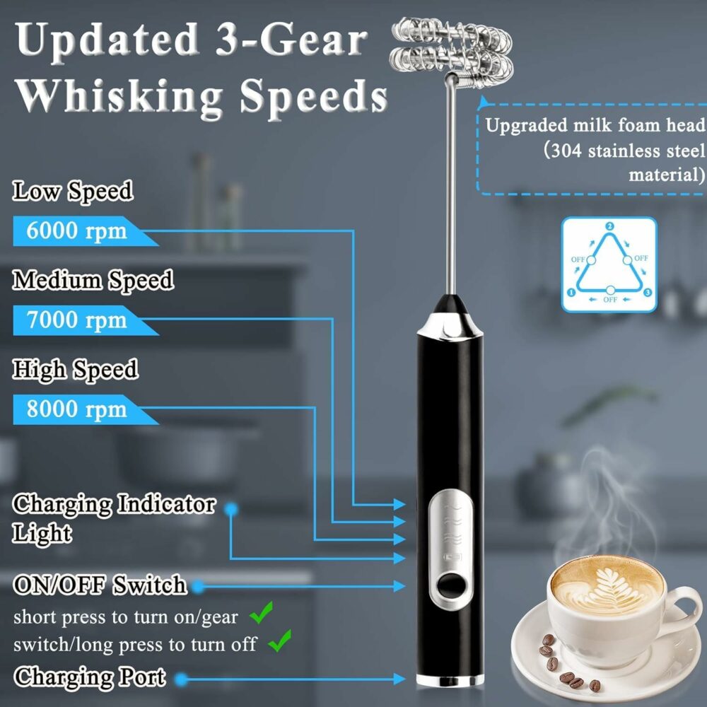 Rechargeable Handheld Milk Frother - 3-Speed Electric Foam Maker for Coffee with 2 Whisks and Coffee Decoration Tool, Coffee Frother Mixer, Stand-up Design, for Cream, Latte, Cappuccino - Image 3