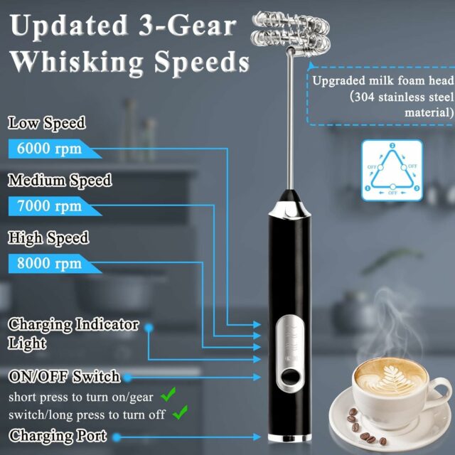 Rechargeable Handheld Milk Frother - 3-Speed Electric Foam Maker for Coffee with 2 Whisks and Coffee Decoration Tool, Coffee Frother Mixer, Stand-up Design, for Cream, Latte, Cappuccino