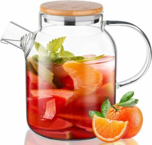KAMVY Glass Pitcher Stovetop Safe Carafe with Removable Filter Spout and Bamboo Lid - Durable and Sturdy Design - Tea Kettle for Hot/Cold Water, Iced Tea, Coffee, Loose Leaf Tea (Pot 1800ml)