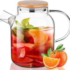 KAMVY Glass Pitcher Stovetop Safe Carafe with Removable Filter Spout and Bamboo Lid - Durable and Sturdy Design - Tea Kettle for Hot/Cold Water, Iced Tea, Coffee, Loose Leaf Tea (Pot 1800ml)