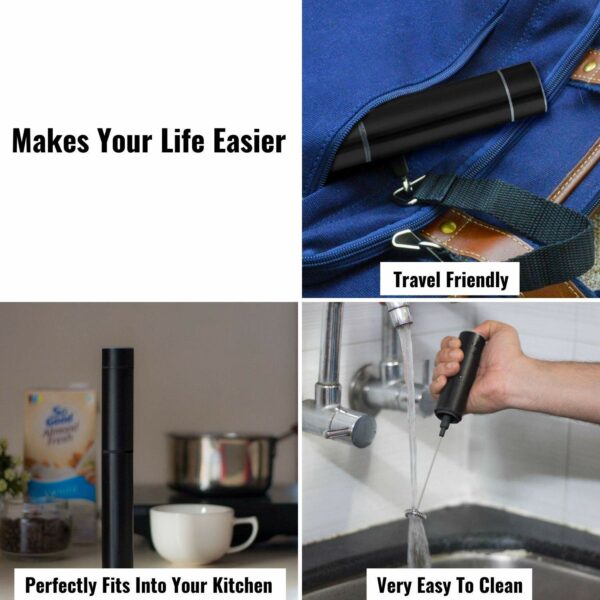 Travel Milk Frother Hand held Electric Coffee Beater with Rechargeable Battery USB Charging Cable, Travel Casing (Black) - Image 3