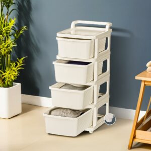 Kuber Industries 4 Layer Heavy Duty Plastic Storage Drawer with Wheels | Modular Cabinet for Bedroom, Office, Home | Chest of Drawers Organiser for Cosmetics, Kitchen items, Toys Storage | Ivory