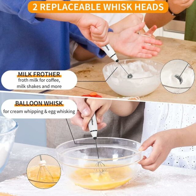 Rechargeable Milk Frother & Coffee Whisker | 3-Speed Electric Frother for Cream, Latte, Cappuccino | Egg Whisker | Stainless Steel | 6 Months Warranty (White-2 Whisks)