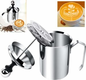 Stainless Steel Milk Frother Coffee Frother Blender-Manual Coffee Beater for Cappuccino-Foam Maker for Hot and Cold Coffee Milk with Double Froth Pump, Handle and Lid, Multicolor