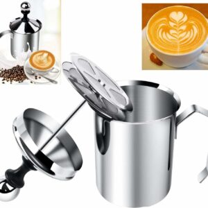 Stainless Steel Milk Frother Coffee Frother Blender-Manual Coffee Beater for Cappuccino-Foam Maker for Hot and Cold Coffee Milk with Double Froth Pump, Handle and Lid, Multicolor