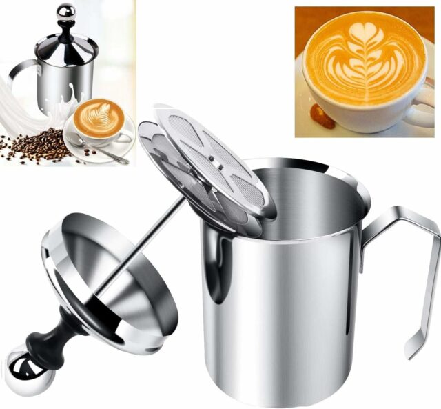 Stainless Steel Milk Frother Coffee Frother Blender-Manual Coffee Beater for Cappuccino-Foam Maker for Hot and Cold Coffee Milk with Double Froth Pump, Handle and Lid, Multicolor