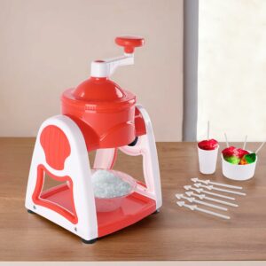 Kuber Industries Portable Ice Crusher Machine for Home with 3 Bowl, 6 Sticks, 1 Glass & Dish | Easy-to-Use Chuski & Slushy Maker | Counter-Top Ice Gola Machine for Summer Delights | White & Red