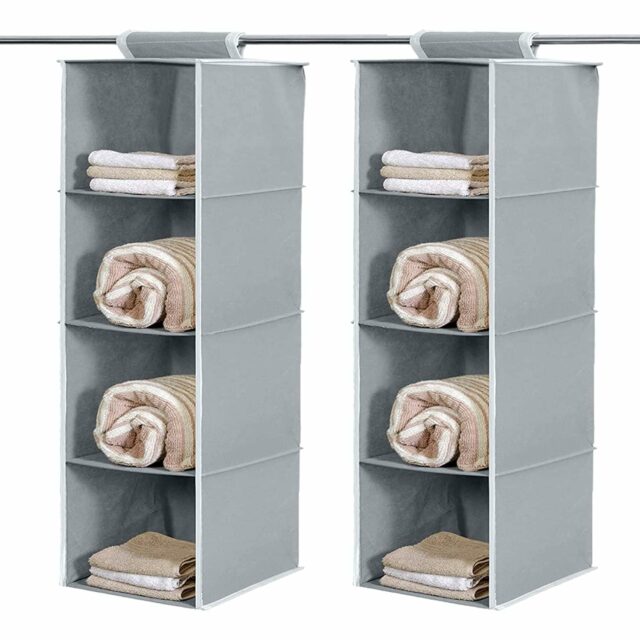 Industries 4 shelf Closet Organizer for Wardrobe|Non-woven Collapsible Wardrobe|Hanging Shelf for clothes|4 shelves Cloth Organizer|Pack of 2 (Grey)