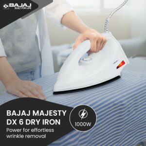Bajaj Majesty DX-6 1000 Watts Dry Iron | Advance Soleplate And Anti-Bacterial German Coating Technology | Automatic Shut Off | Thermal Safety Fuse | 2-Yrs Warranty ?White?