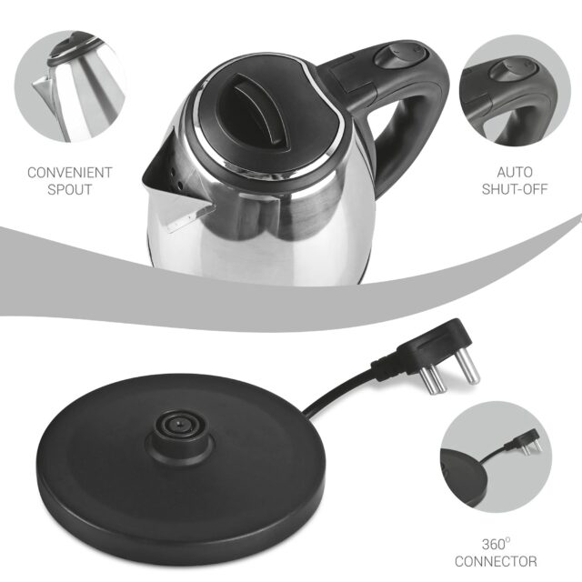 Milton Euroline Go Electro 1 2 Stainless Steel Electric Kettle, (1 Piece), 1 2 Litres, Silver | Power Indicator | 1500 Watts | Auto Cut-off | Detachable 360 Degree Connector | Boiler for Water