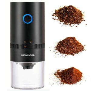 InstaCuppa Rechargeable Coffee Bean Grinder with Ceramic Conical Burr Mill, One Click Operation, 5 Adjustable Grind Settings, Airtight Bottom Canister (18/8 Steel)